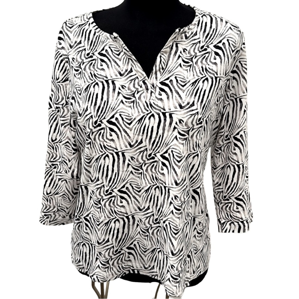 KIM ROGERS Zebra Print T-shirt Top 3/4 - Long Sleeve 100% Cotton Black White Med